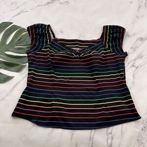 Collectif Womens Rainbow Stripe Retro Blouse Top Plus Size 2x Black Buttons